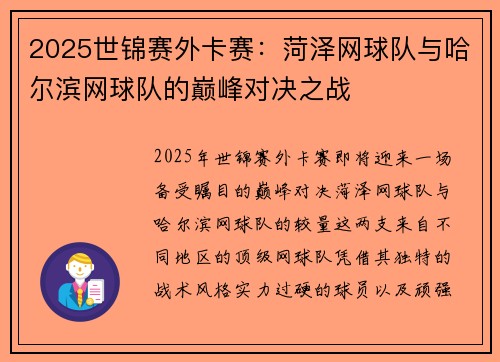 2025世锦赛外卡赛：菏泽网球队与哈尔滨网球队的巅峰对决之战